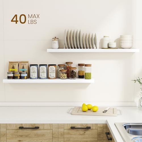 Dreamland 40Inch Floating Shelves for Wall, Rustic Wooden White Floating Shelves for Living Room, Kitchen, Farmhouse, Deep Wall Mounted Book Shelf, Wood Storage Display Shelf for Home Decor, Set of 2 - Image 2