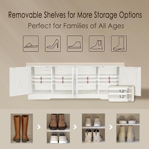 DINZI LVJ Shoe Storage Bench with Cushion, Door, Rustic White 47.2"LX17.7"H - Image 5