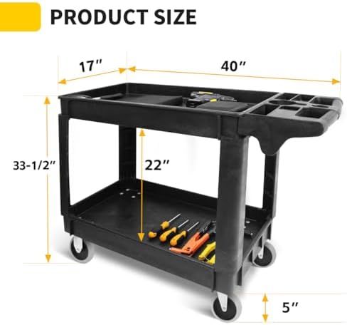 MaxWorks Heavy Duty 2‑Shelf Service Cart 500 lb Capacity Polypropylene Utility Cart with 5" Non‑Marring Casters Deep Trays and Built‑In Tool Storage for Garage Warehouse Workshop (80855) - Image 2