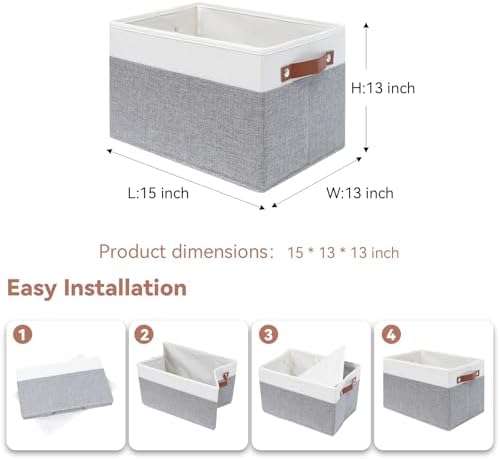 SNWDN 6 Pack Large Collapsible Fabric Storage Baskets with Handles (White/Grey 15''Lx13''Wx13''H) - Image 2