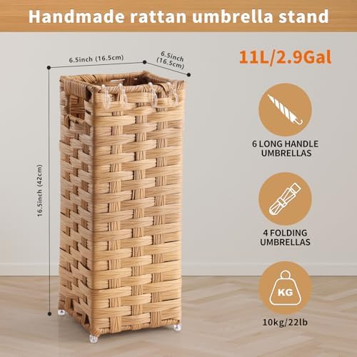 Rattan Umbrella Stand, Umbrella Holder for Entryway, Hand Woven Umbrella Rack Organizer Freestanding, with a Detachable Drip Tray, 4 Hooks, 6.5" L x 6.5" W x 16.5" H, Natural - Image 5