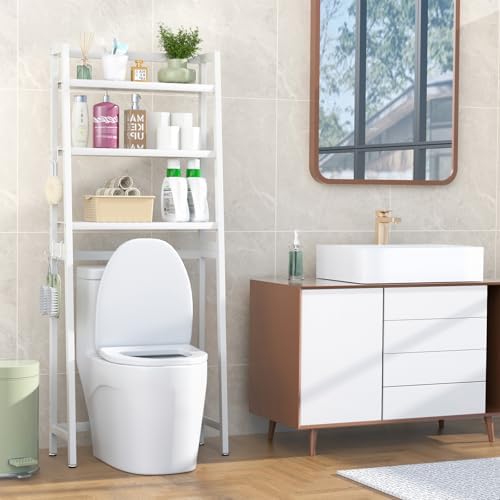 VASMIA Over The Toilet Storage,Bamboo 3-Tier Bathroom Organizer Over Toilet Storage Cabinet,Freestanding Space Saver with 3 Hooks White - Image 2