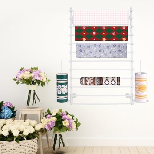 Ribbon Storage Organizer, Wall Mounted Ribbon Organizer, 12-Tier Metal Gift Wrapping Paper Rack, Spool Tie Scarf Hijab Belt Towel Hanger, for Home, Craft Room, Flower Shop, White, 31.5in Wide - Image 3