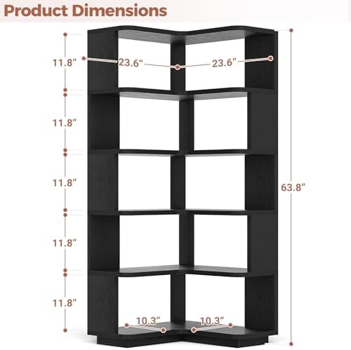 Besiost Corner Book Shelf, 6-Shelf Corner Bookshelf for Small Corner Spaces, L-Shape Bookcase Corner Display Shelf for Home Office, Living Room, Bedroom, Black - Image 3