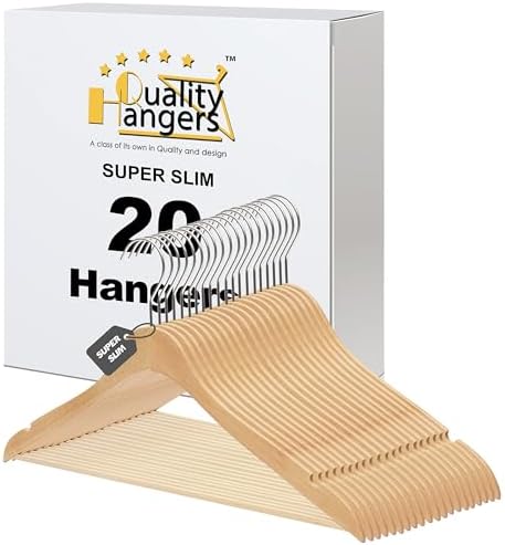 Quality Hangers 16.5" Wooden Hangers Multi Pack, Ultra Thin Space Saving Natural, 360 Degree Swivel Hook, Best for Shirts, Blouses, Pant, Suit, Coat, Dress Hangers Natural (20, Natural, With Pant Bar) by QualityHangers