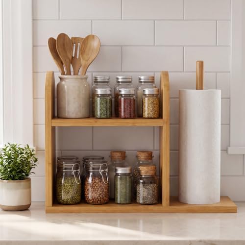 Leinuosen 2 Tier Bamboo Spice Rack Organizer with Paper Towel Holder by Leinuosen