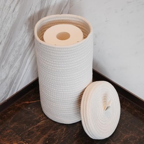 Toilet Paper Holder Handmade – Woven Cotton Toilet Paper Stand & Storage Basket with Lid, Freestanding Organizer for Bathroom, Fits 3 Mega Rolls Gradient Brown 14'' x 7'' - Image 4