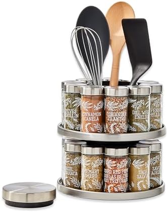 Kamenstein Salem 20-Jar Rotating Spice Rack with Spices Included, Stainless Steel Countertop Organizer with Sifter Caps and Tool Caddy, Spice Set for Kitchen Organization - Image 3