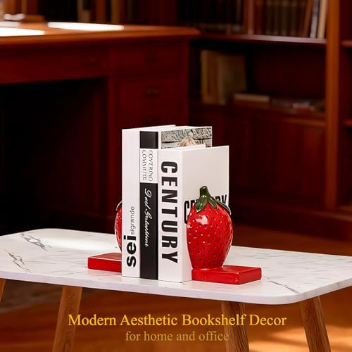 Strawberry Decorative Bookends, Cute Aesthetic Resin Book Ends for Shelves - Image 5