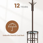 Coat Rack Freestanding with Umbrella Stand Coat Rack Stand with 12 Hooks Metal Coat Tree Coat and Hat Hanger Jacket Entryway(Brown) - Image 5