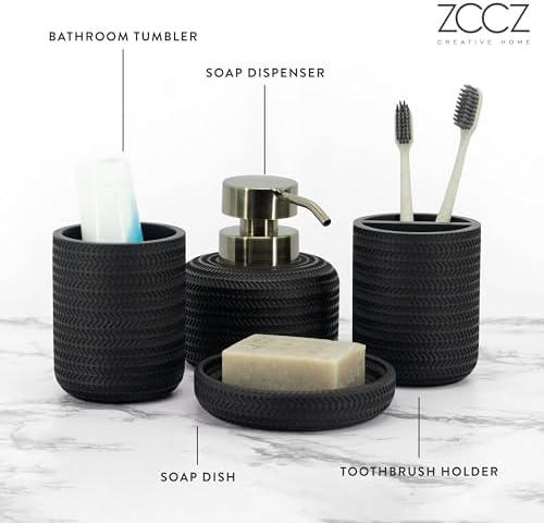 ZCCZ Black Bathroom Accessories Set 4 Pcs - Toothbrush Holder, Soap Dispenser, Vanity Tray, Tumbler - Countertop Organizer for Bathroom - Modern Accessory Set for Home Decor and Storage - Image 3