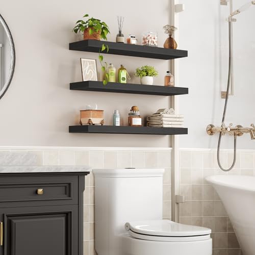 RALGEND Floating Shelves for Wall, 1.5" Thick Wall Shelf Set of 3 with Invisible Brackets, L31.5 x W7.9 Hanging Book Shelves Farmhouse Home Decor for Bathroom, Living Room, Bedroom, Black 8301BJP3BK - Image 2