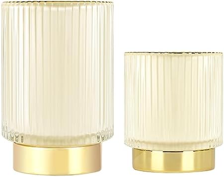 DASITON Makeup Brush holder Organizer,Crystal Cosmetic Makeup Brush Glass Brushes Storage Holder, Vintage Make Up Brush Cup Pen Pencil Holder striped vase(Cream S+L) by DASITON