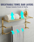 24 Inch Towel Racks for Bathroom: Brushed Gold Towel Rack with Double Towel Bar Wall Mounted - SUS304 Stainless Steel Bath Towel Holder with Shelf for Hotel Lavatory - Image 6