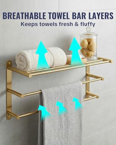 24 Inch Towel Racks for Bathroom: Brushed Gold Towel Rack with Double Towel Bar Wall Mounted - SUS304 Stainless Steel Bath Towel Holder with Shelf for Hotel Lavatory - Image 6