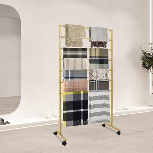 7-Tier Metal Scarf Display Stand with 360°Swivel Wheels, Freestanding Scarf Holder Organizer Rack, Floor Standing Belt Shawl Hijab Towel Display Rack for Boutique, Retail Store, Home (Golden) - Image 3