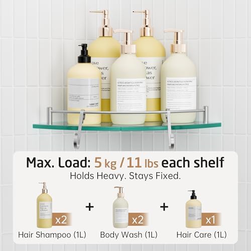 KES Glass Corner Shelf with Hooks 18/8 Stainless Steel, Tempered Glass Bathroom Corner Shelf with Rail, Shower Glass Shelf 3 Pack Wall Mounted, Brushed Finish, BGS2101A-2-P3 - Image 3