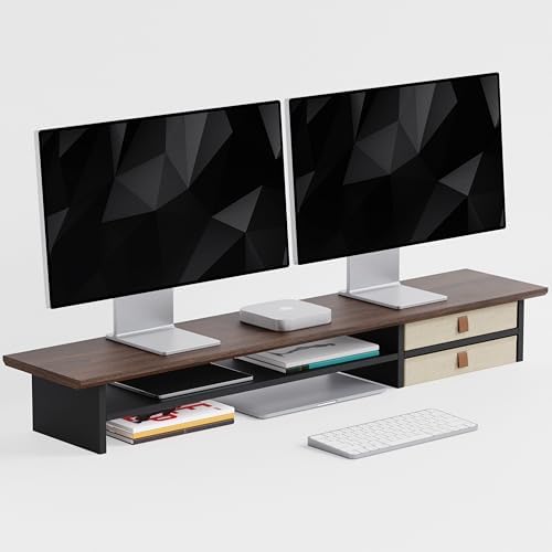 FENSULN Dual‑Tier Monitor Stand Riser with Drawers, Desktop Organizer Shelf Storage for Computer Screen 2 Monitors, Supports for PC Computer Monitor, Printer, Heavy TV Riser Brown and Black by FENSULN