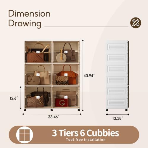 Purse Organizer for Closet, Handbag Storage, Brown 3-Tier 6-Cubby - Image 4
