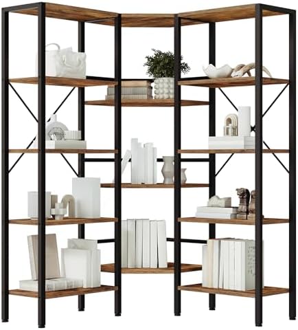 HOOBRO Industrial Corner Bookshelf, 5-Tier L-Shaped Bookcase, Open Display Storage Rack, Floor Standing Storage Shelf, for Living Room, Bedroom, Home Office, Rustic Brown and Black BF68SJ01 by HOOBRO