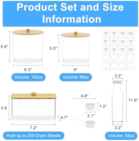 3+1 Pack Laundry Pods Containers & Dryer Sheet Holder & Laundry Detergent Dispenser, Laundry Room Organization and Storage Jars with Lids, Labels and Scoops for Scent Booster, Powder, Pods - Image 2