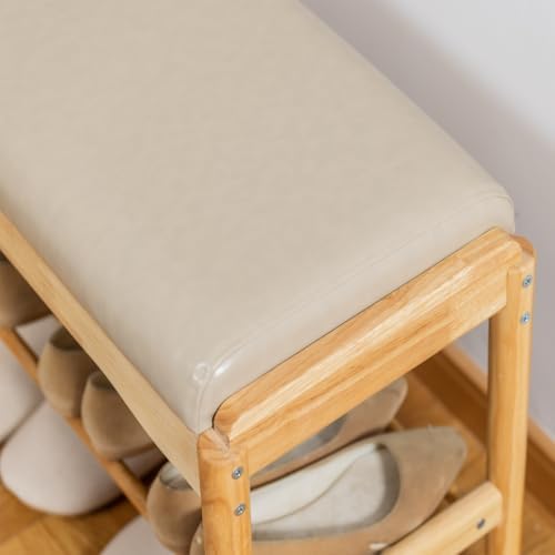 latifolia Small Shoe Bench, Solid Wood Bench with Cushion, 2 Tier Shoe Storage Organizer for Entryway(Nature,31.50''L) - Image 6