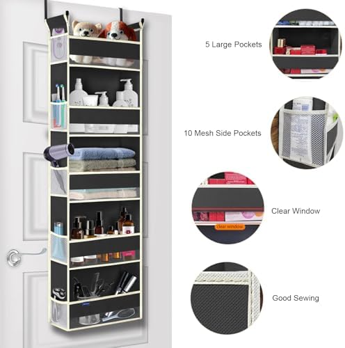 Over The Door Hanging Organizer 5-Shelves and 10 Side Pockets, Over The Door Storage for Bathroom and Bedroom, Back of Door Organizers for Baby Accessories and Kid's Toys (13"x5"x44", Black) - Image 5