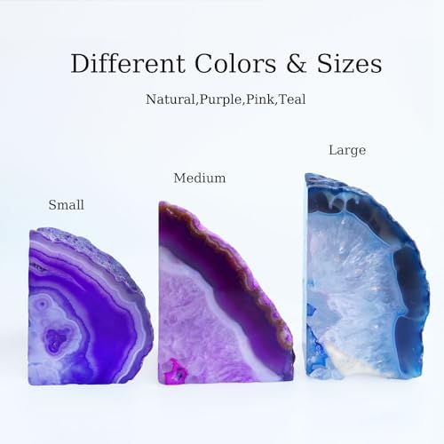 Natural Agate Geode Bookends - 4 to 5 lb Heavy Duty Rock Crystal Stone Book Ends for Shelves, with Rubber Bumpers, Decorative Book Holders for Home Office - Image 6