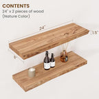Floating Shelves for Wall Decor, Rustic Solid Elm Wood Live Edge Floating Shelves Wall Mounted, Wall Shelves with Invisible Bracket for Living Room Bathroom Bedroom Kitchen, 24 Inch Set of 2, Natural - Image 2