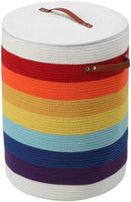 16"x20" Extra Large Cotton Rope Basket with Zipper Lid, Woven Laundry Hamper and Blanket Storage Basket, Round Clothes Bin for Living Room Bedroom, Rainbow & White by Cottonphant