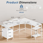 DUMOS 62” L Shaped Desk with Drawers and Power Outlet, White - Image 3