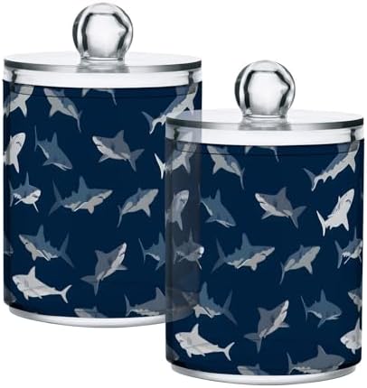 ALAZA 4pcs Dark Blue Shark Fish Qtip Holder Dispenser 14 oz Bathroom Storage Clear Apothecary Jars Containers Cotton Ball,Cotton Rounds,Floss Picks, Hair Clips, Food by ALAZA