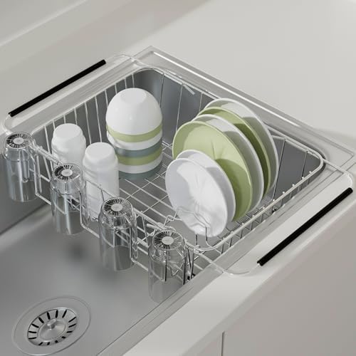 NiuYichee Stainless Steel Dish Drying Rack (15" L X 11" W X 4.1" H), Expandable Drain Rack Over Sink, Dish Drainer Rack in Sink, with Utensil Holder & 4 Hooks Cup Hanger - Image 2