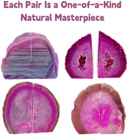 Agate Bookends Pair - Natural Geode Style, Dyed Pink 3-4 lbs Heavy Duty with Rubber Bumpers | Non-Slip Crystal Bookends for Heavy Books | Unique Home Decor - Image 4