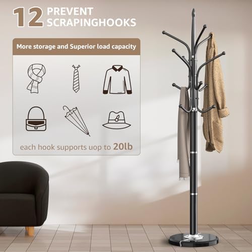 HzTinT Heavy Duty Coat Rack with Marble Base, 12 Hooks, Adjustable Heights - Image 2