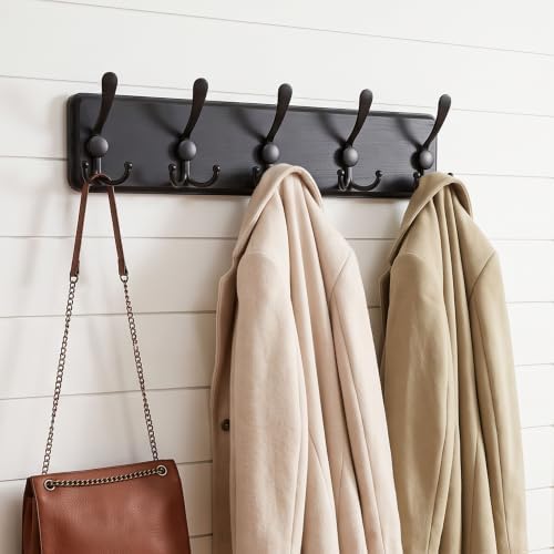 WEBI Coat Rack Wall Mount,Coat Hooks Wall Mounted Rustic,16" Hole to Hole,Large Coat Hanger Wall,Wood Hook Rack,5 Triple Hooks for Hanging Coats,Jacket,Clothes,Farmhouse,Black - Image 2