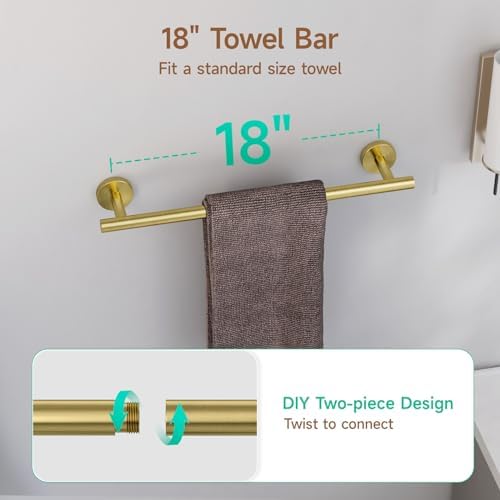 USHOWER 8PCS Light Gold Bathroom Hardware Set, 18-Inch Towel Bar Set - Image 4