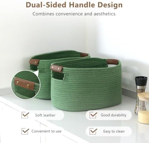 ECDYQXVU 15x10x9" Woven Cotton Rope Storage Basket, Leather Handles 2 Pack - Image 5