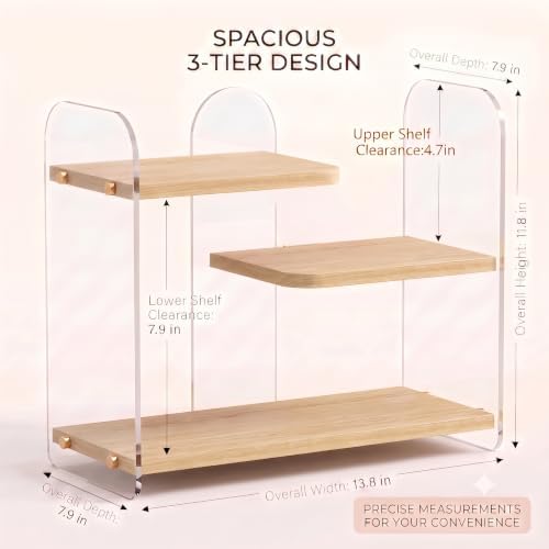 3-Tier Acrylic & Wood Bathroom Vanity Countertop Organizer Shelf - Image 2