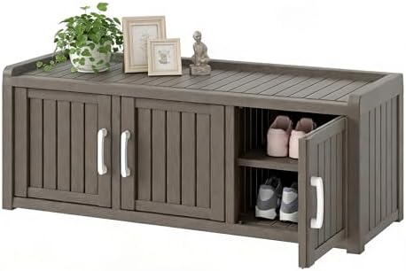 2-Tier Storage Bench, Waterproof UV-Resistant Outdoor Shoe Storage Cabinet with 3 Doors & Adjustable Shelves for Indoor Outdoor Entryway, Hallway, Living Room (Classic Gray) by NBYSGO