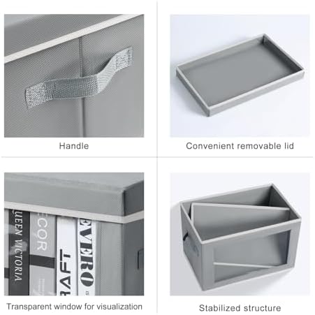 Homsorout Decorative Bins with Lids - Stackable Cube Bins for Closet, 3 Pack Clear Windows Fabric Organizer Bins, Home Organizers and Storage for Clothes, CD, Towels, Grey - Image 6
