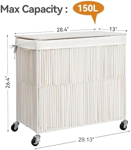 WOWLIVE Laundry Basket 3 Section, Handwoven Laundry Hamper with Wheels - Image 4