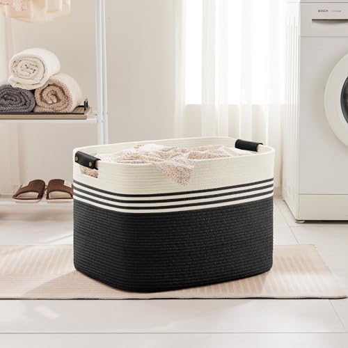 100L Large Woven Laundry Basket Hamper with Leather Handles,Black - Image 3