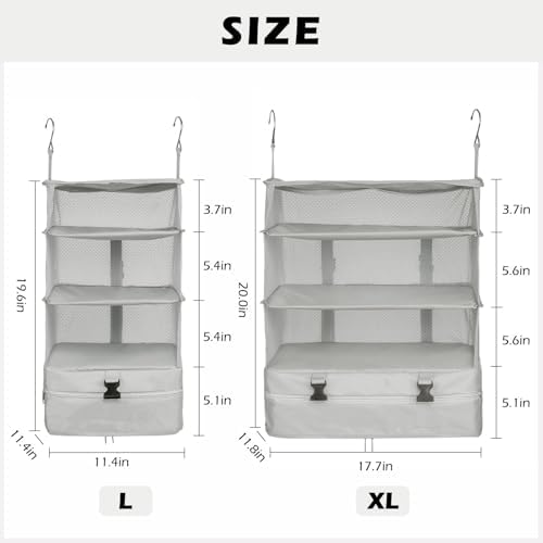 Surblue Hanging Closet Storage Bag Collapsible 3-Shelf Washable Oxford Fabric with 2 Hooks (XL 17.71 * 11.81 * 20in, Light Gray) - Image 2