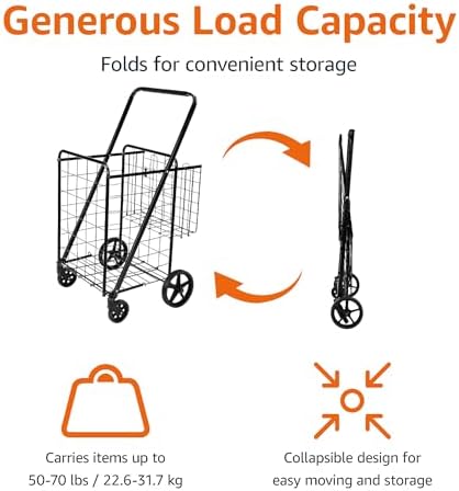 Amazon Basics Foldable Collapsible Shopping Utility Cart with 360-Degree Wheels, Multi-Functional for Sports, Easy Assembly, X-Large, Black - Image 2