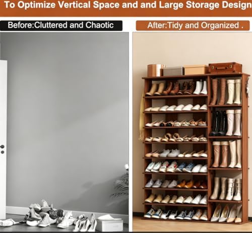 HOMEFORT 10 Tiers Shoe Rack, 50 Pairs Large Shoe Shelf, 61.8" Tall Shoe Tower, Freestanding Shoe Rack Organizer with Open Shelves, Wood Shoe Stand for Boot Storage, for Closet, Entryway, Walnut - Image 6