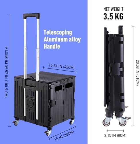 SUBICOO Folding Utility Cart Portable Rolling Crate Handcart Shopping Trolley Collapsible Tool Box, with Lid, on 4 Rotate Wheels, for Grocery, Shopping, Office, Teacher, Camp(Black) - Image 4