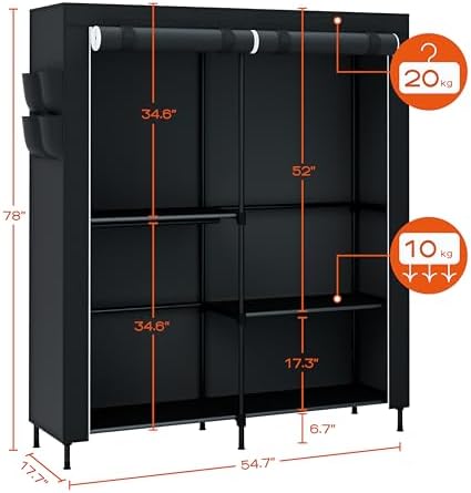 CASAMAYA Clothes Rack, Portable Closet, 54.7 Inch Large Capacity Wardrobe Closet with Cover, Clothes Storage Organizer with Shelves and 3 Hanging Rods, Easy to Assembly, Black PCT122B01 - Image 5