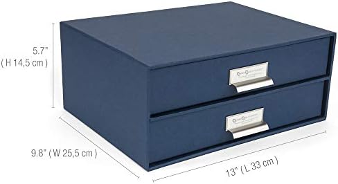 Bigso Box of Sweden Birger 2-Drawer Fiberboard Label Frame Document Letter Box | Desktop Drawers for Loose Papers, Document| Desktop Storage Drawer with Metal Label Holder | 13.1” x 10” x 5.7” | Blue - Image 3