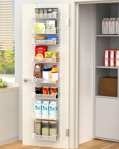 VyGrow 12.3" W Narrow Over the Door Pantry Organizer, 8-Tier Over the Door Organizer with Adjustable Basket, Pantry Door Organization for Pantry Kitchen Storage Room Spice Rack, White by VyGrow